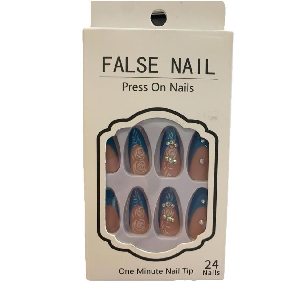 24 Pcs Press On Nails Set, Blue & Pink With Jewels
